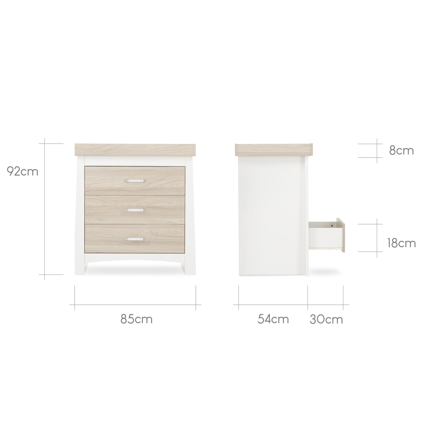 CuddleCo Ada 3pc Set 3 Drawer Dresser, Cot Bed & Wardrobe - White/Ash