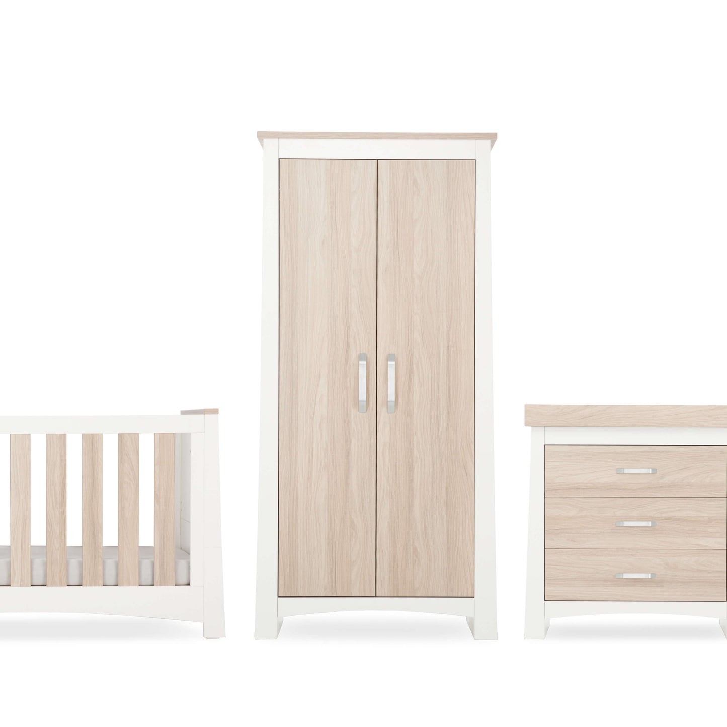 CuddleCo Ada 3pc Set 3 Drawer Dresser, Cot Bed & Wardrobe - White/Ash