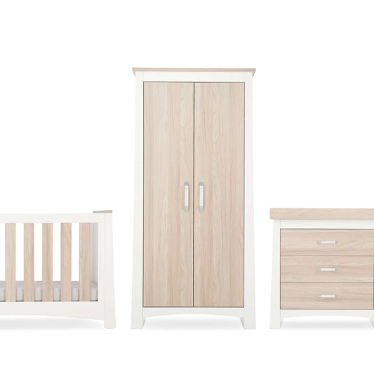 CuddleCo Ada 3pc Set 3 Drawer Dresser, Cot Bed & Wardrobe - White/Ash