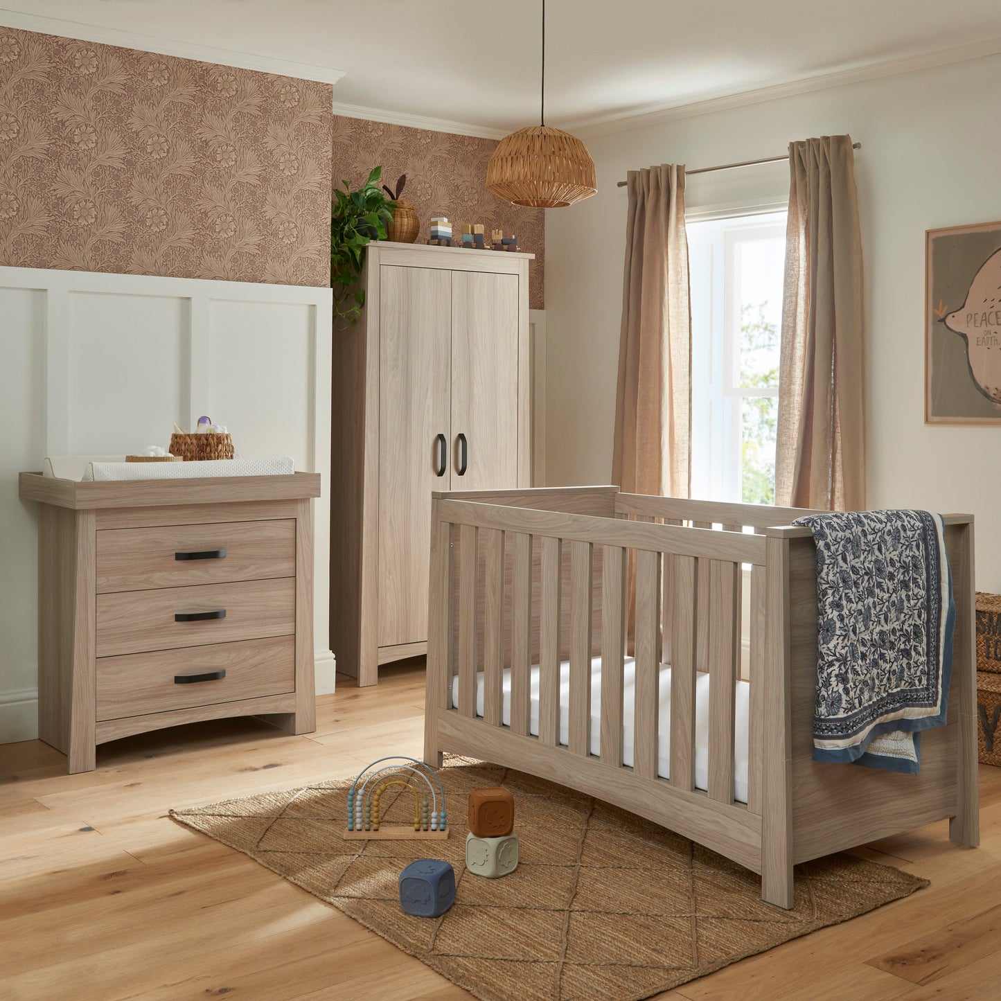 CuddleCo Isla 3pc Set 3 Drawer Dresser, Cot Bed & Wardrobe - Ash
