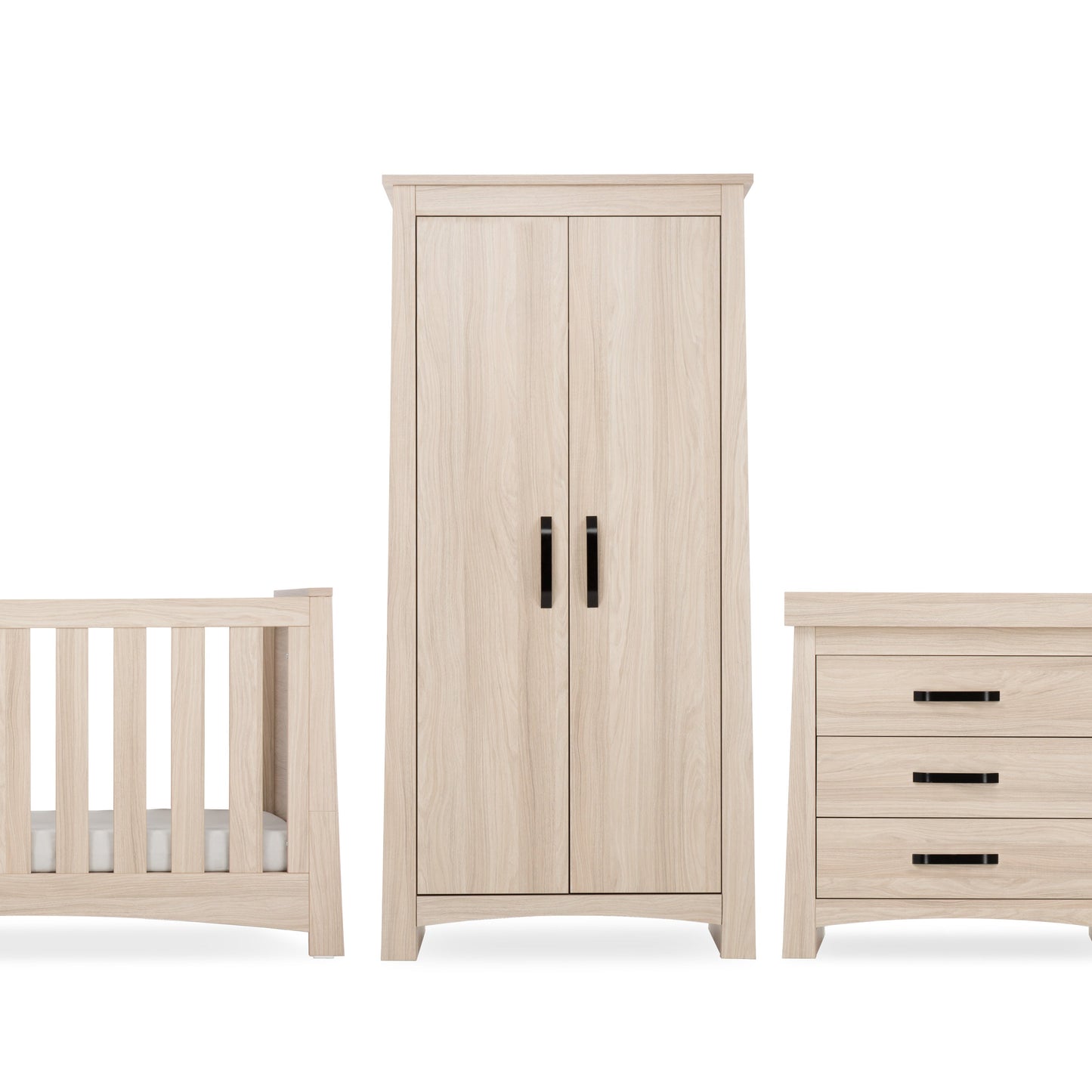 CuddleCo Isla 3pc Set 3 Drawer Dresser, Cot Bed & Wardrobe - Ash