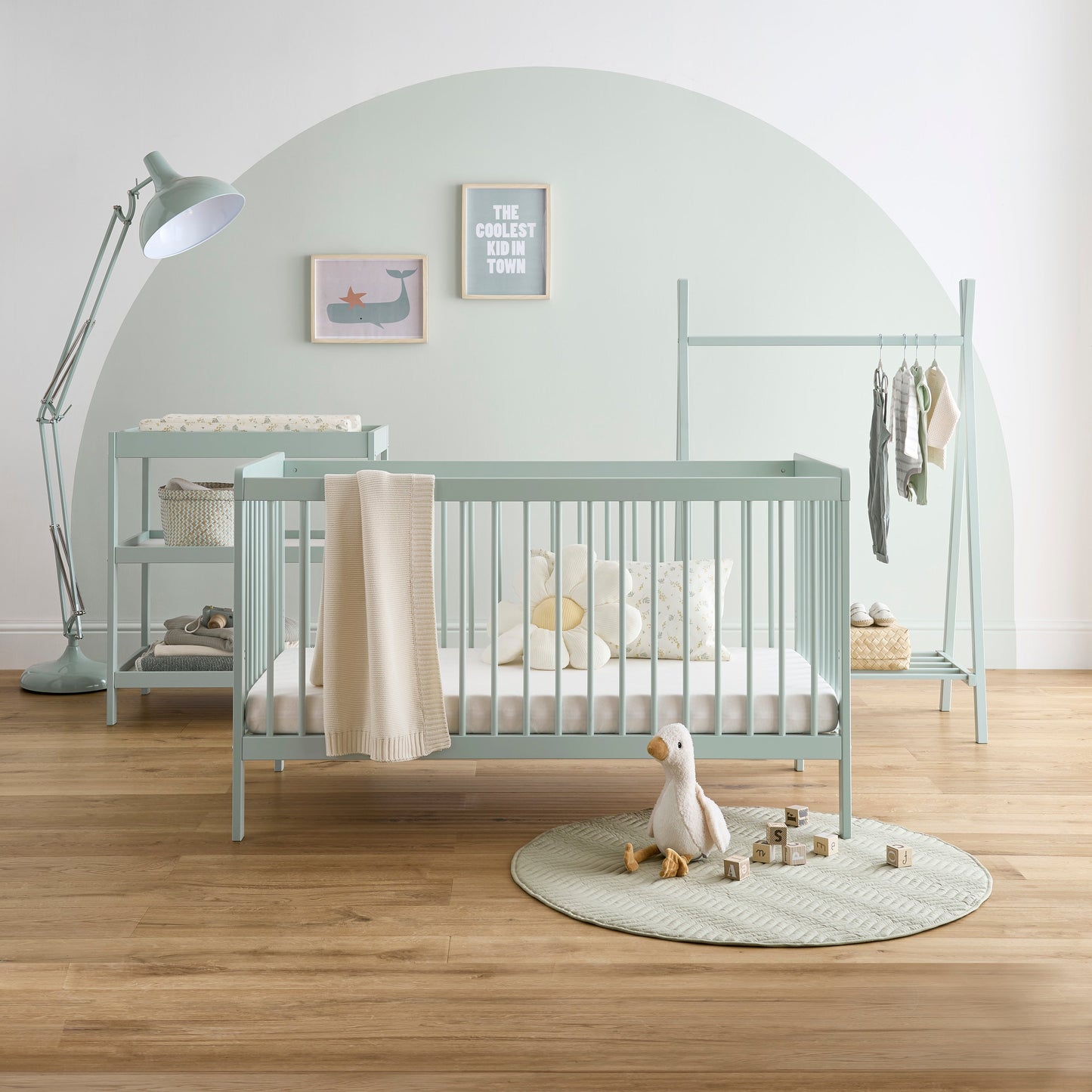 CuddleCo Nola 3pc Changer, Cot Bed and Clothes Rail - Sage Green