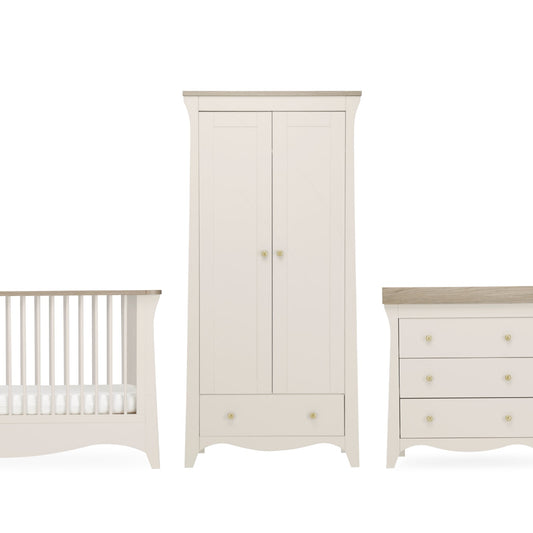 CuddleCo Clara 3pc Set 3 Drawer Dresser, Cot Bed & Wardrobe - Cashmere Ash