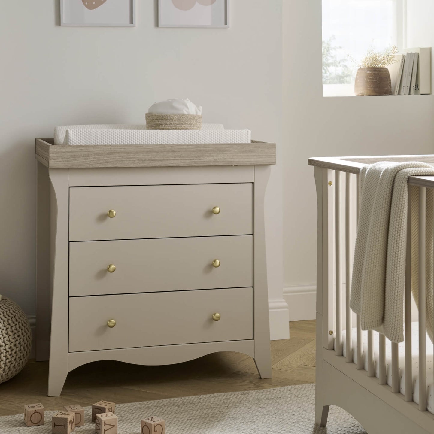 CuddleCo Clara 3pc Set 3 Drawer Dresser, Cot Bed & Wardrobe - Cashmere Ash