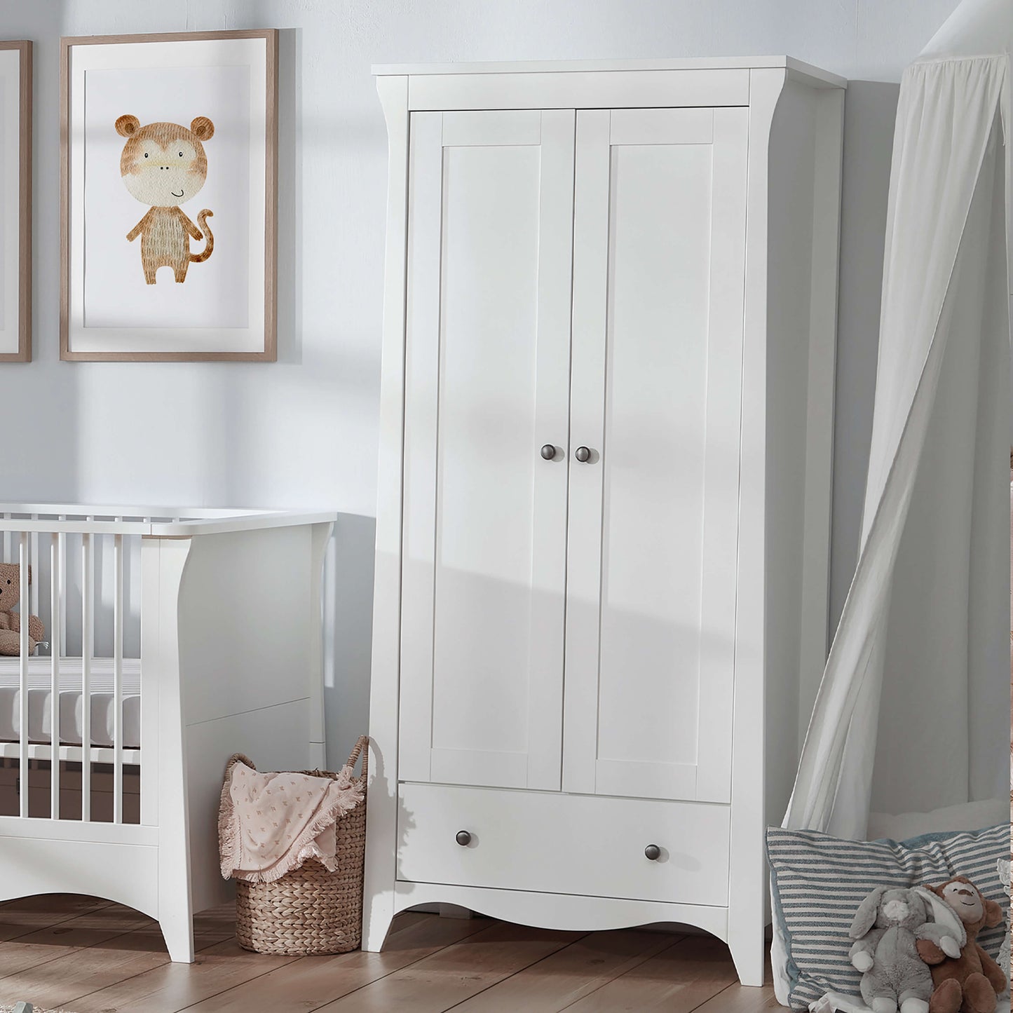 CuddleCo Clara 3pc Set 3 Drawer Dresser, Cot Bed & Wardrobe - White