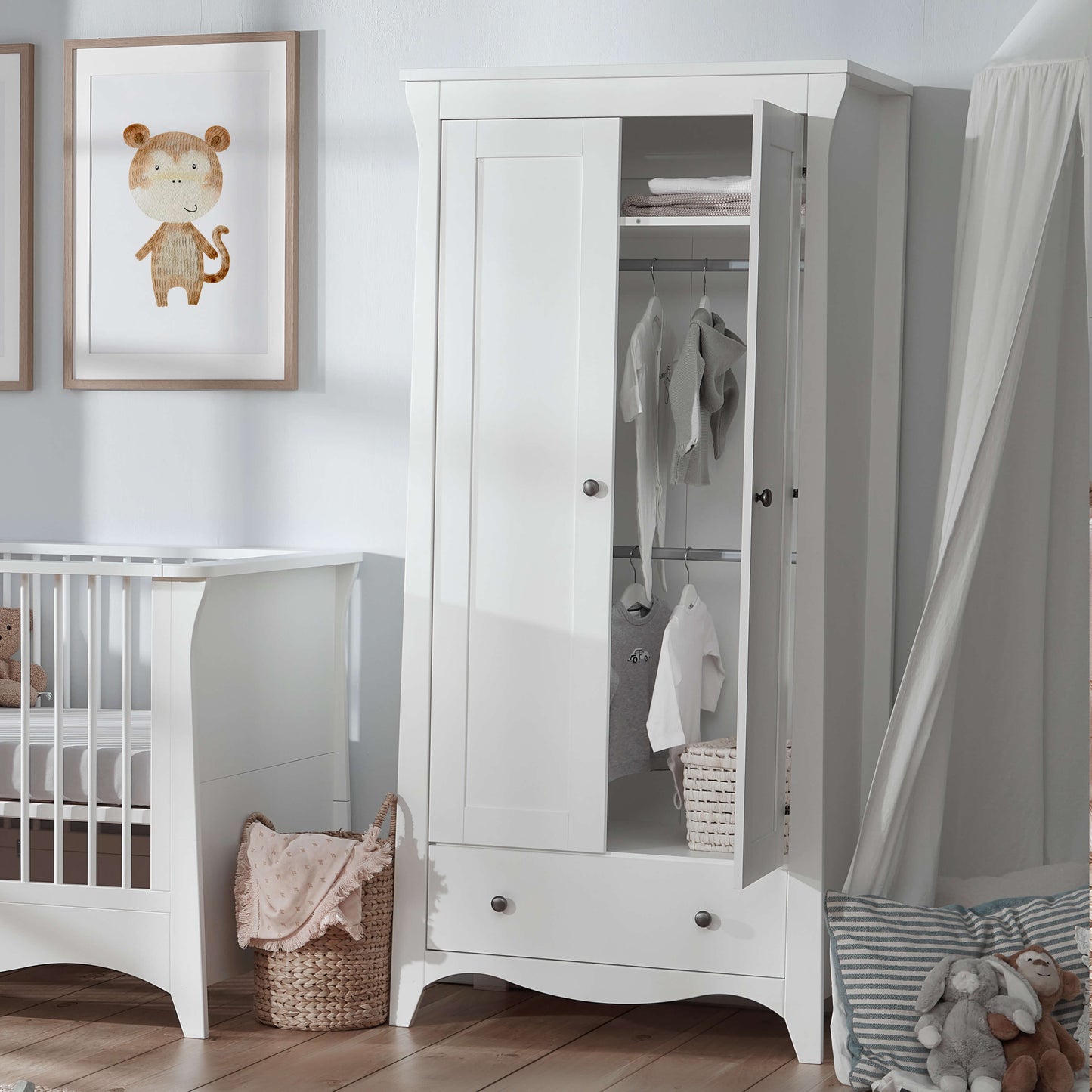 CuddleCo Clara 3pc Set 3 Drawer Dresser, Cot Bed & Wardrobe - White