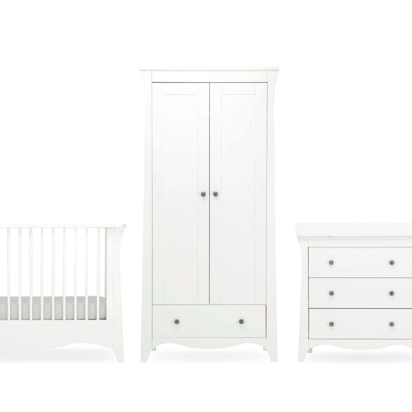 CuddleCo Clara 3pc Set 3 Drawer Dresser, Cot Bed & Wardrobe - White