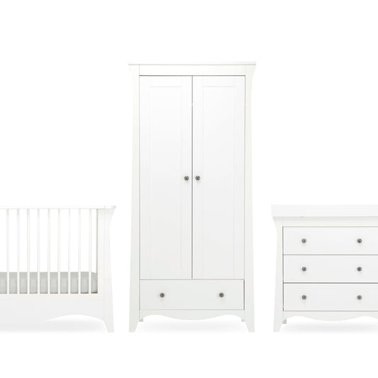 CuddleCo Clara 3pc Set 3 Drawer Dresser, Cot Bed & Wardrobe - White