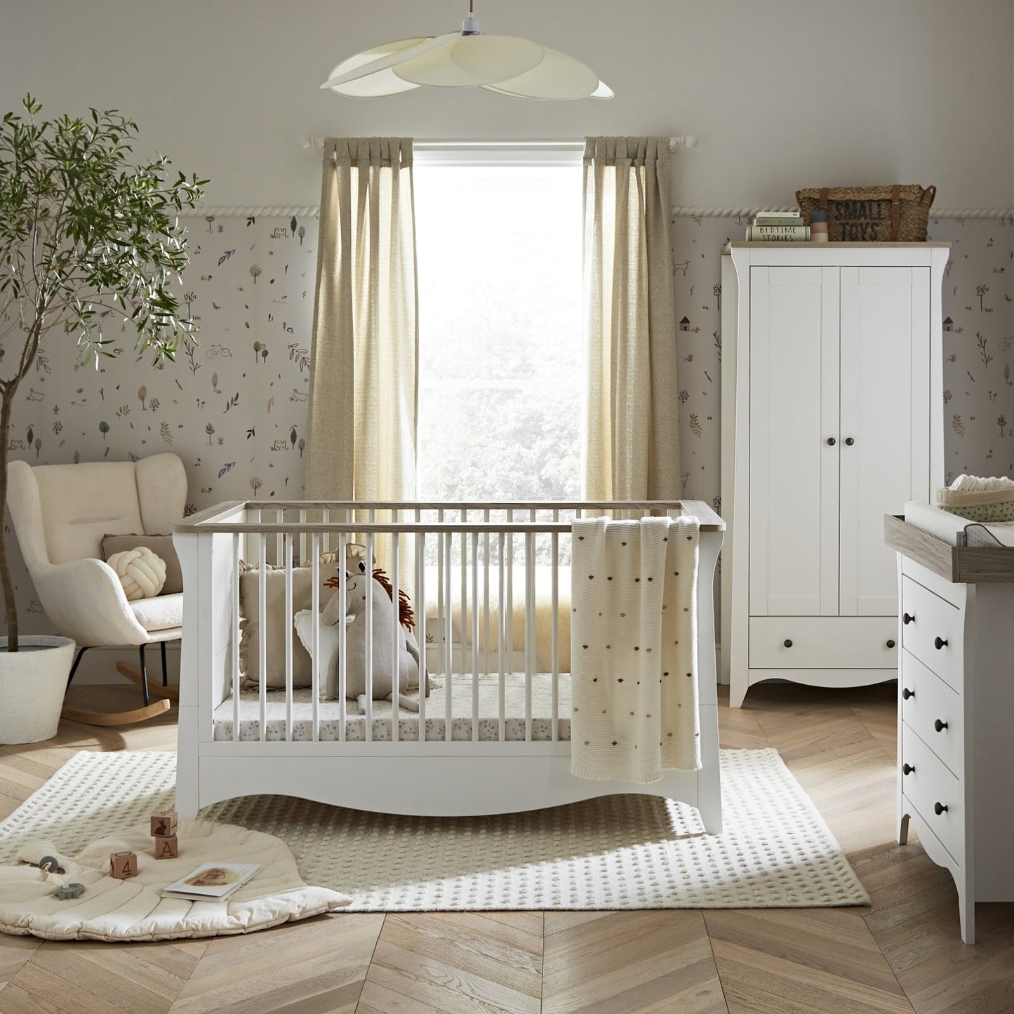 CuddleCo Clara 3pc Set 3 Drawer Dresser, Cot Bed & Wardrobe - White/Ash