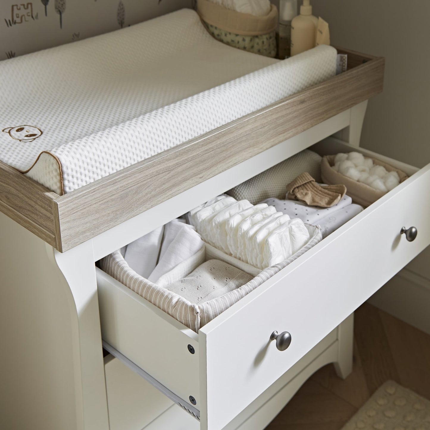 CuddleCo Clara 3pc Set 3 Drawer Dresser, Cot Bed & Wardrobe - White/Ash