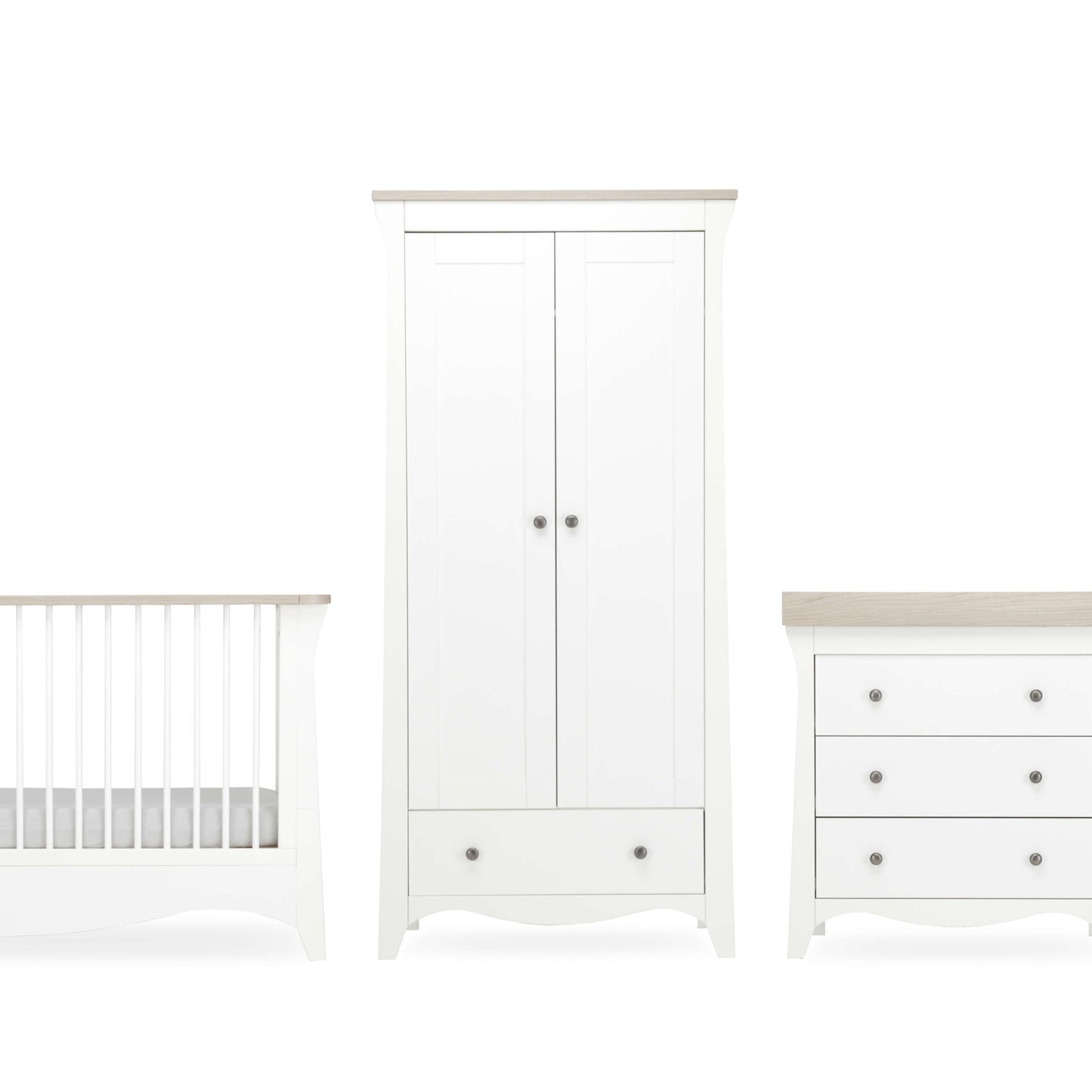 CuddleCo Clara 3pc Set 3 Drawer Dresser, Cot Bed & Wardrobe - White/Ash