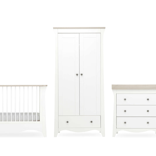 CuddleCo Clara 3pc Set 3 Drawer Dresser, Cot Bed & Wardrobe - White/Ash