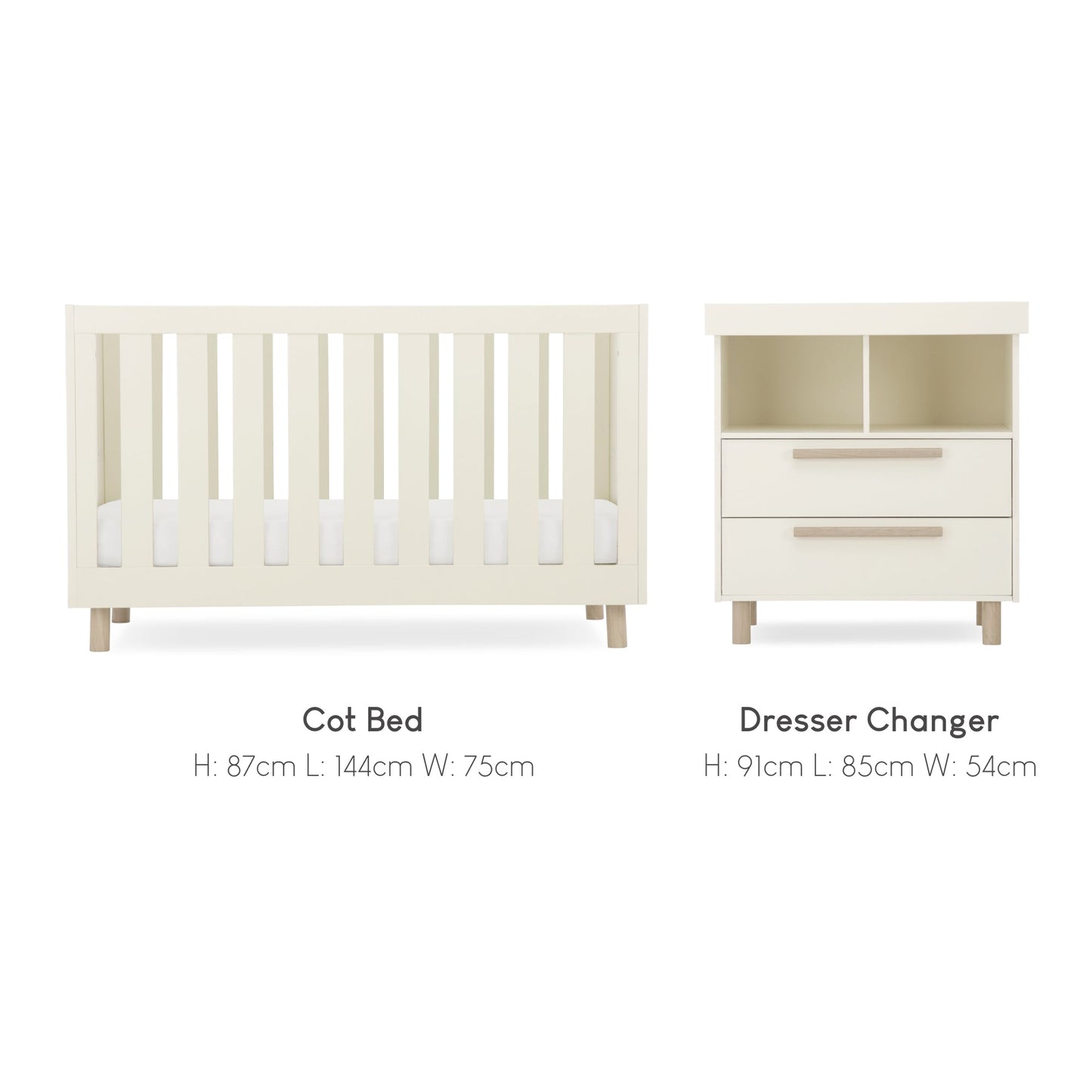 CuddleCo Harper 2pc Set Cot Bed & Dresser Change - Cream & Ash