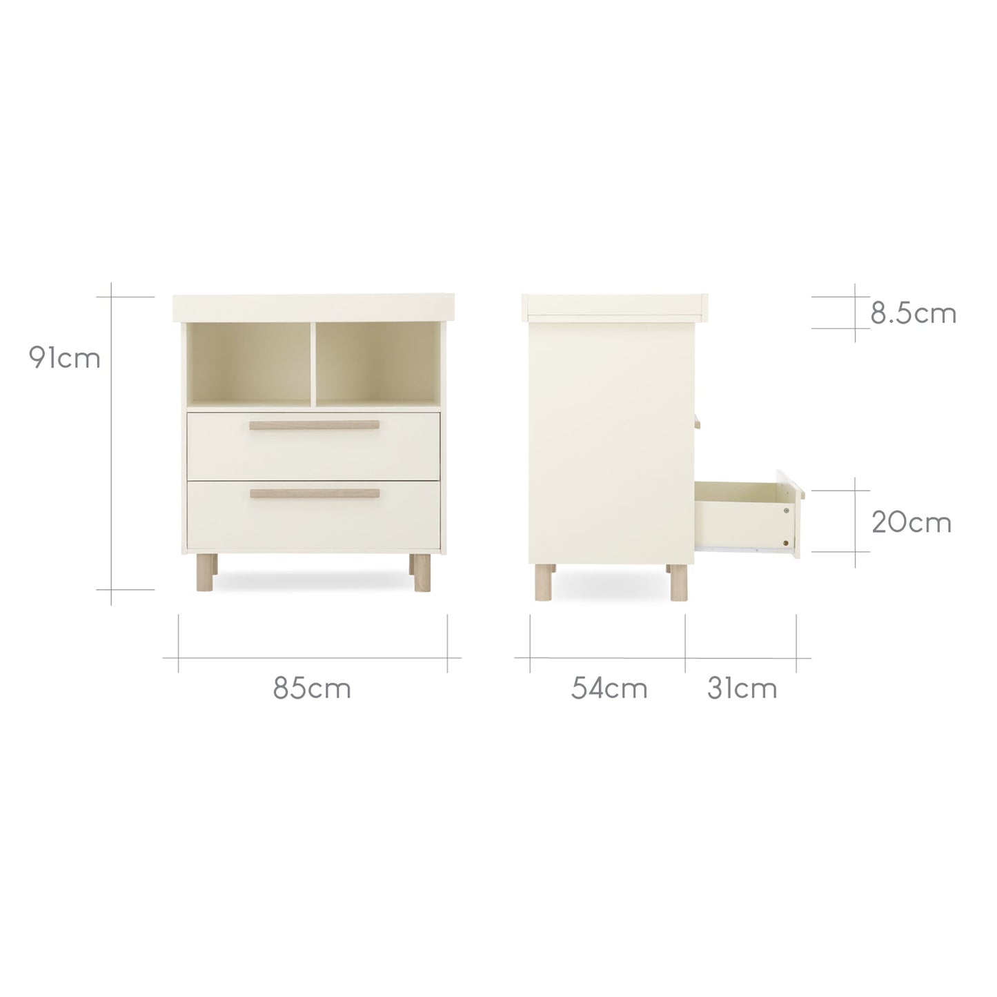 CuddleCo Harper 2pc Set Cot Bed & Dresser Change - Cream & Ash