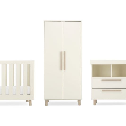 CuddleCo Harper 3pc Set 3 Cot Bed, Dresser Changer & Wardrobe - Cream & Ash