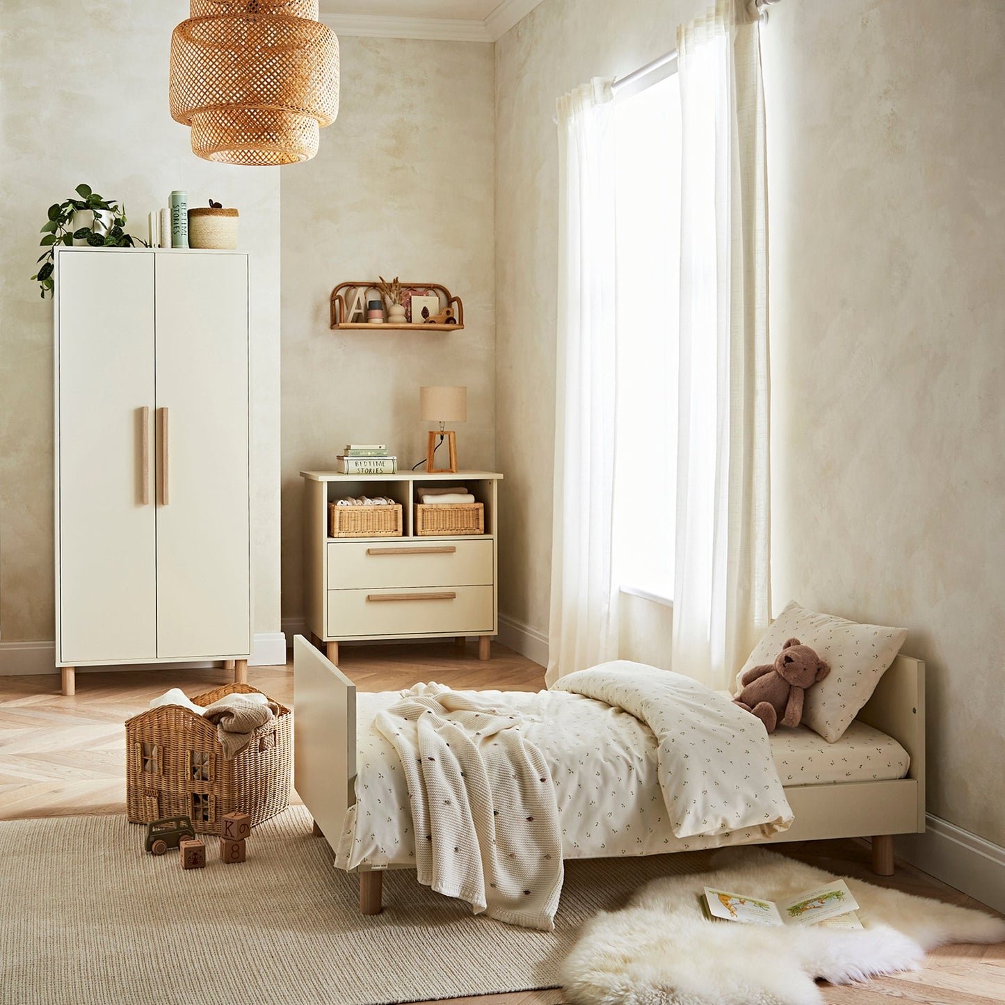 CuddleCo Harper 3pc Set 3 Cot Bed, Dresser Changer & Wardrobe - Cream & Ash