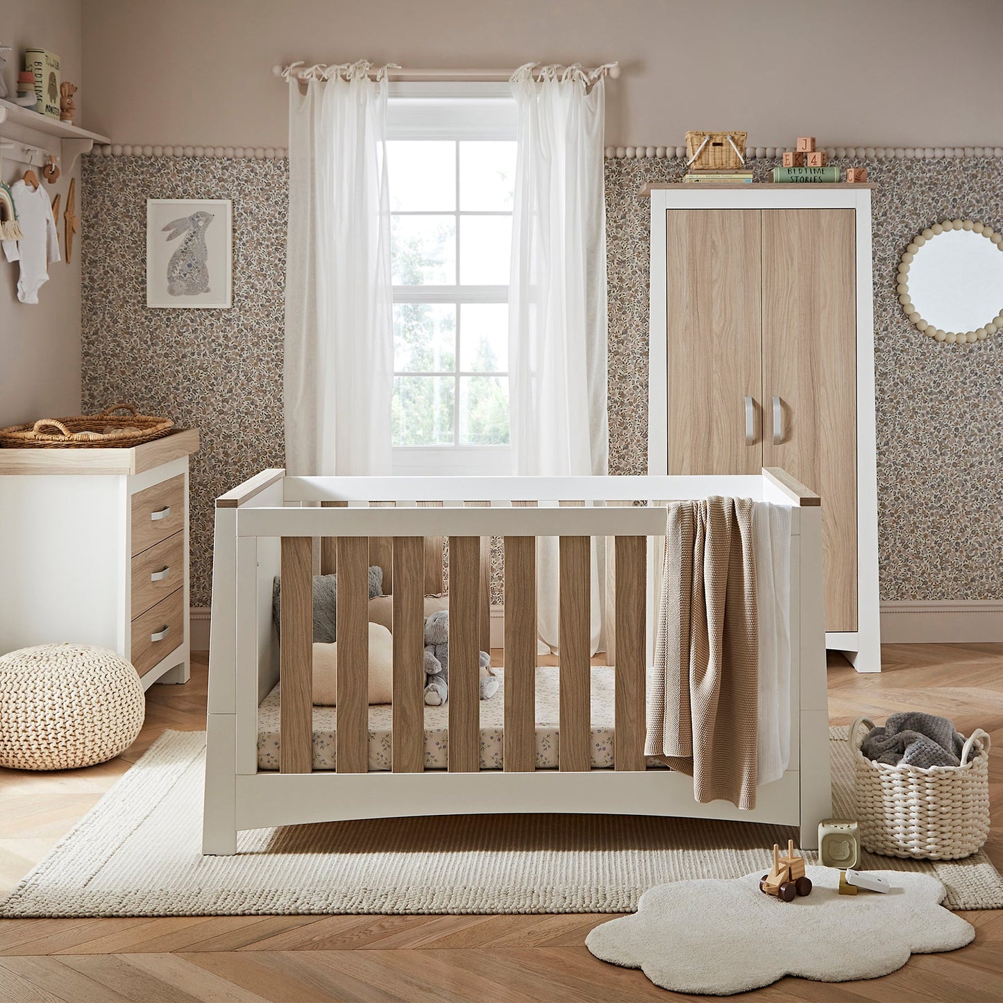 CuddleCo Ada 3pc Set 3 Drawer Dresser, Cot Bed & Wardrobe - White/Ash