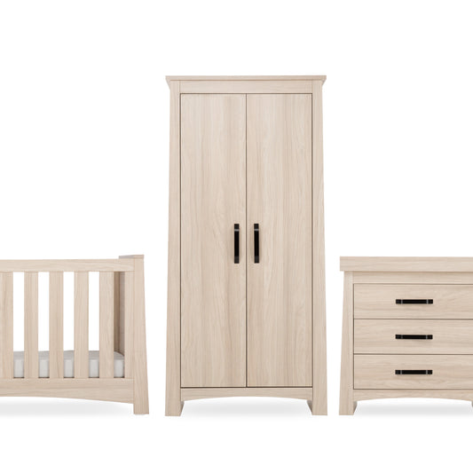 CuddleCo Isla 3pc Set 3 Drawer Dresser, Cot Bed & Wardrobe - Ash