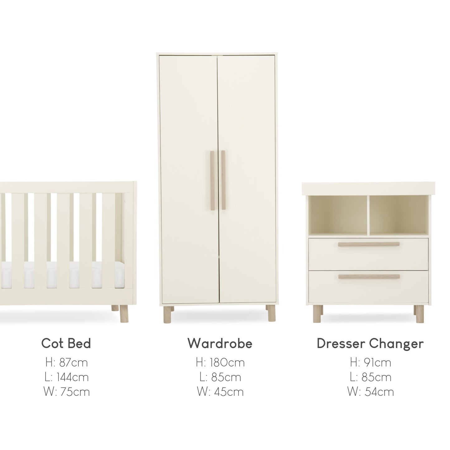 CuddleCo Harper 3pc Set 3 Cot Bed, Dresser Changer & Wardrobe - Cream & Ash