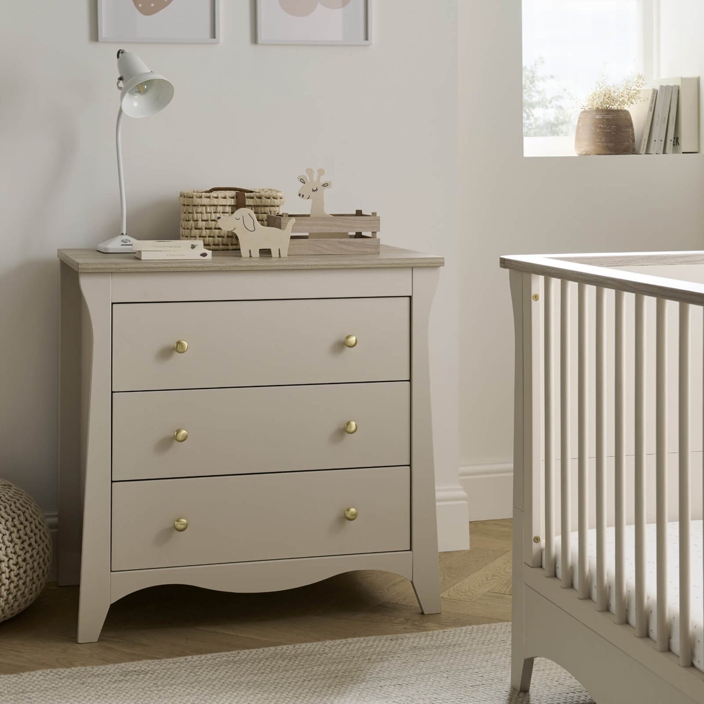 CuddleCo Clara 2pc Set 3 Drawer Dresser & Cot Bed  - Cashmere/Ash
