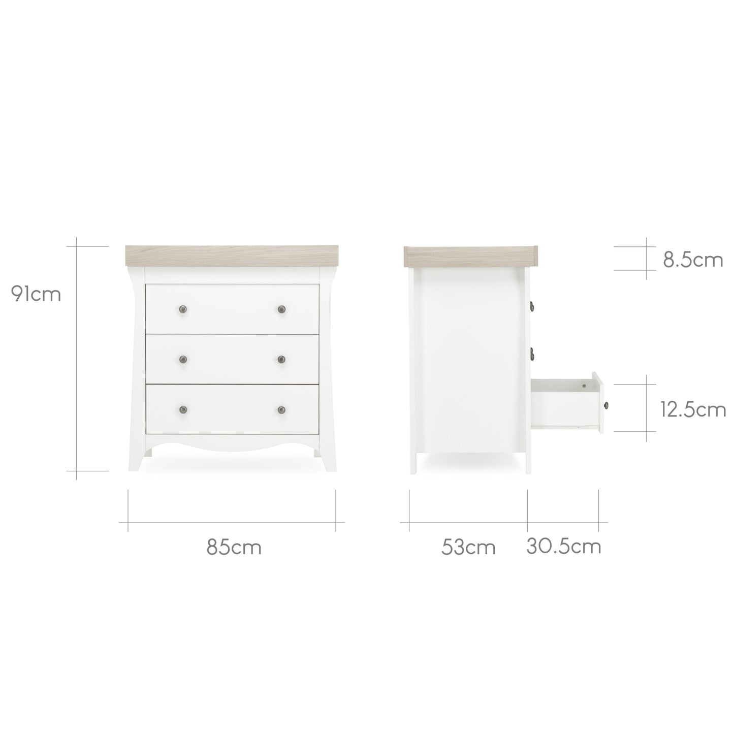 CuddleCo Clara 2pc Set 3 Drawer Dresser & Cot Bed  - White/Ash