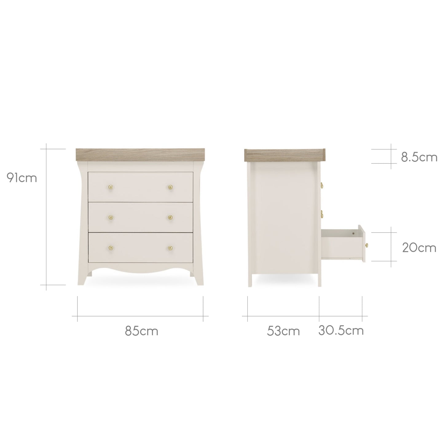 CuddleCo Clara 3pc Set 3 Drawer Dresser, Cot Bed & Wardrobe - Cashmere Ash
