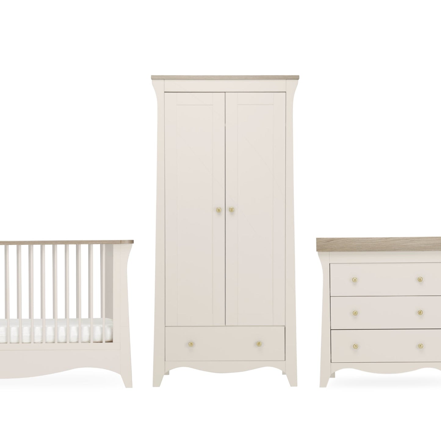 CuddleCo Clara 3pc Set 3 Drawer Dresser, Cot Bed & Wardrobe - Cashmere Ash