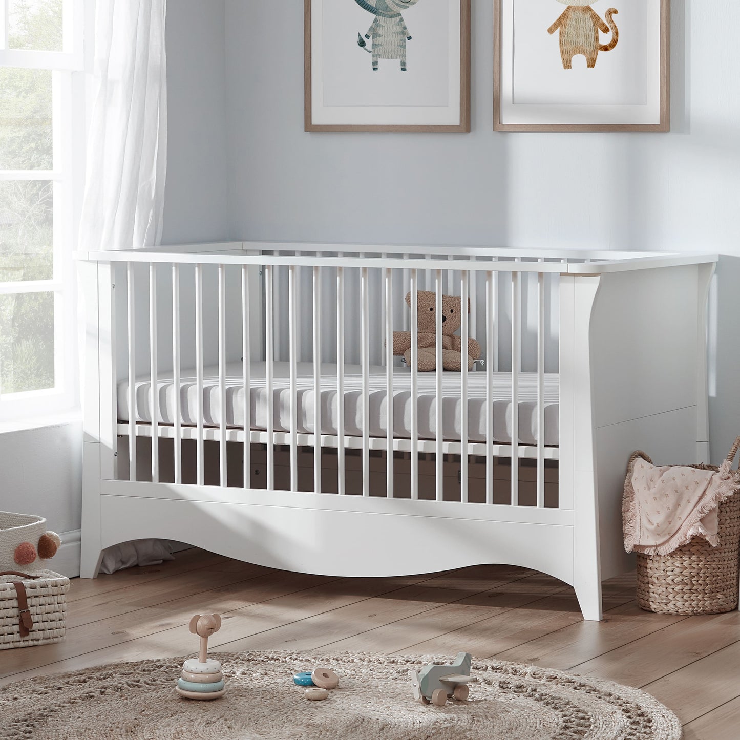 CuddleCo Clara 3pc Set 3 Drawer Dresser, Cot Bed & Wardrobe - White