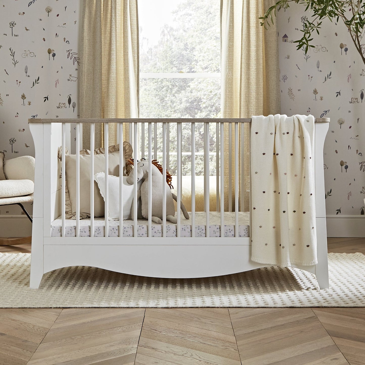 CuddleCo Clara 3pc Set 3 Drawer Dresser, Cot Bed & Wardrobe - White/Ash