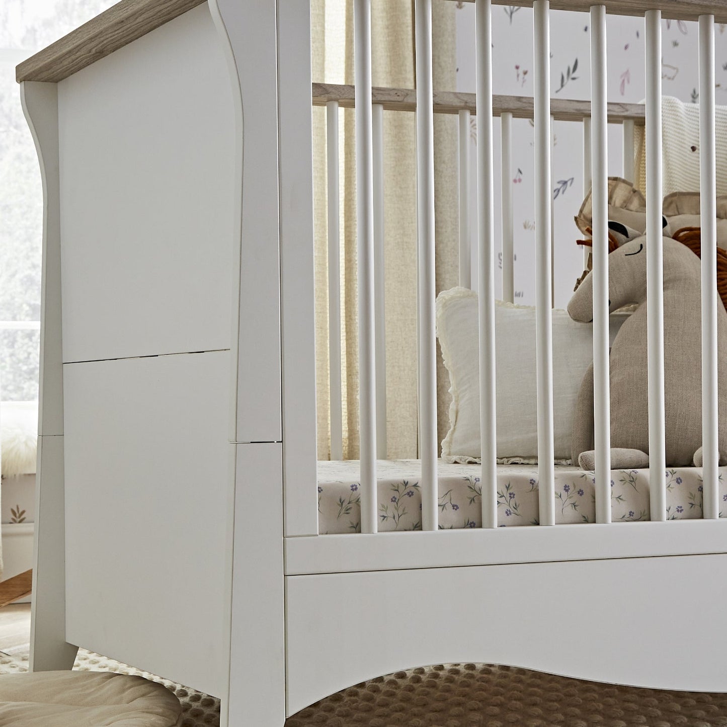 CuddleCo Clara 3pc Set 3 Drawer Dresser, Cot Bed & Wardrobe - White/Ash