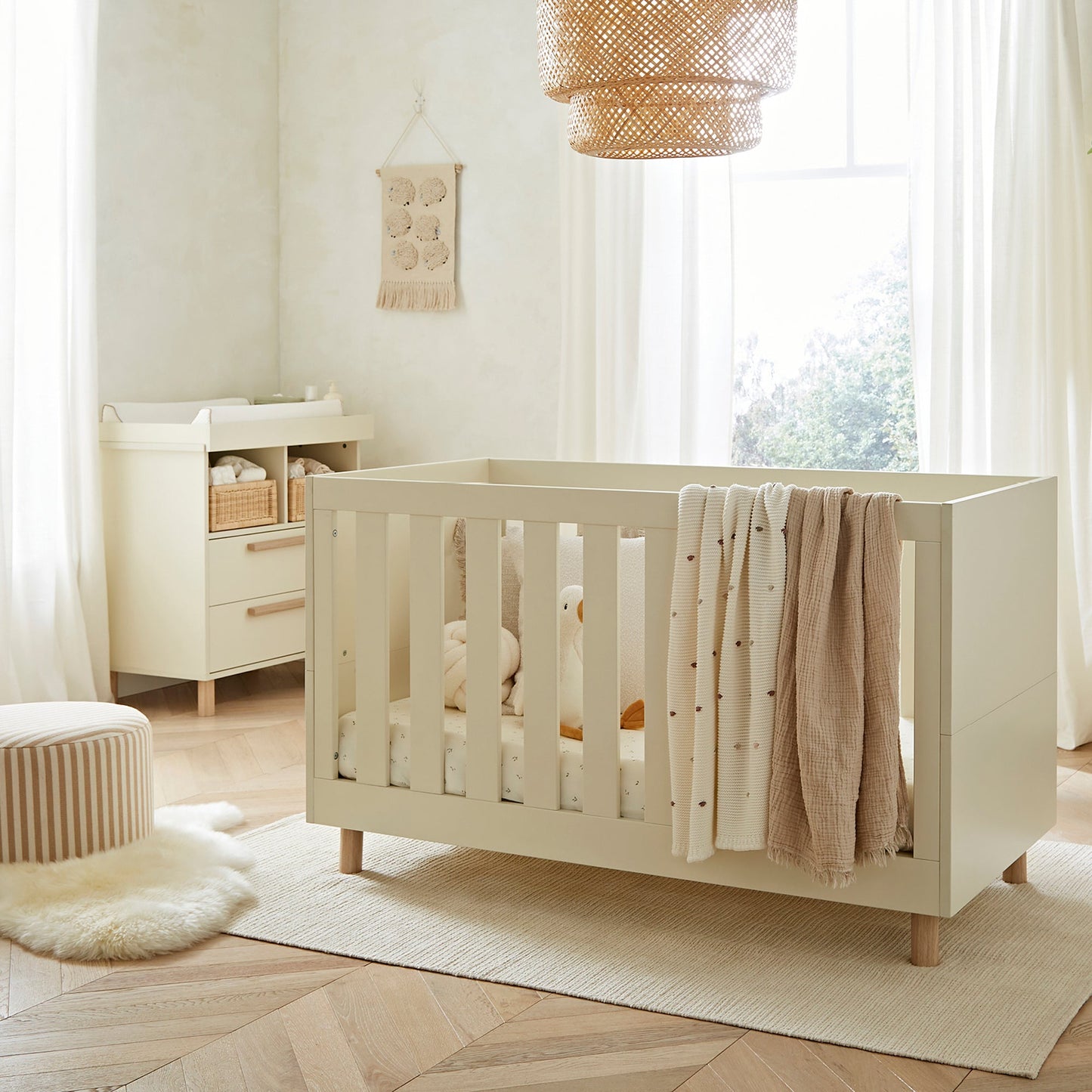 CuddleCo Harper 2pc Set Cot Bed & Dresser Change - Cream & Ash