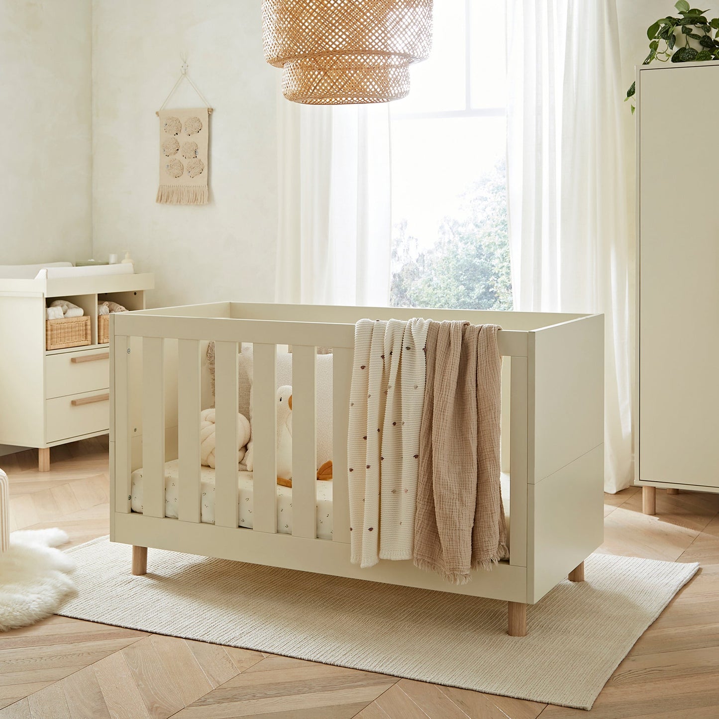 CuddleCo Harper 3pc Set 3 Cot Bed, Dresser Changer & Wardrobe - Cream & Ash
